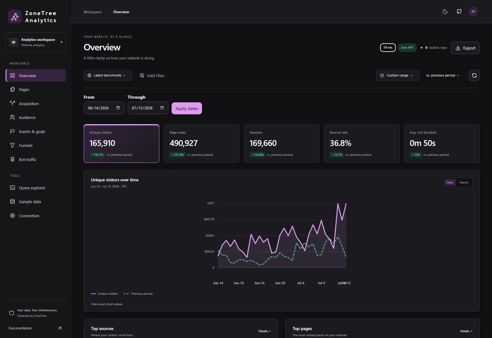 Dashboard overview with visitor growth, page views, sessions, engagement, and a daily traffic chart